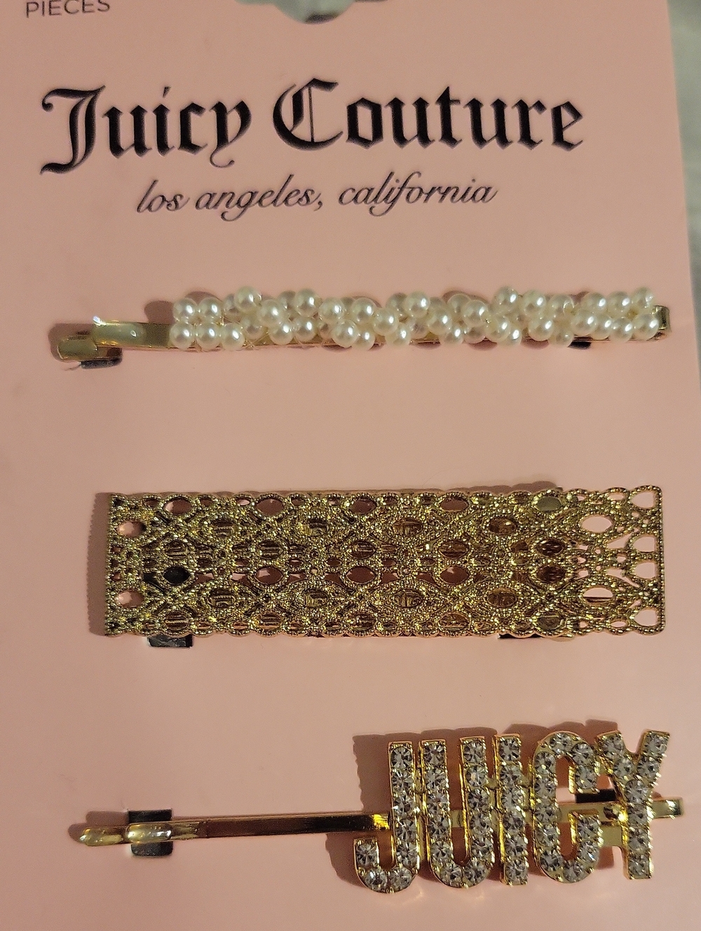 Juicy Couture Jeweled Hair Clips Set Gold & White NWT